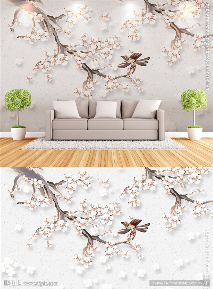新中式现代手绘桃花客厅背景墙