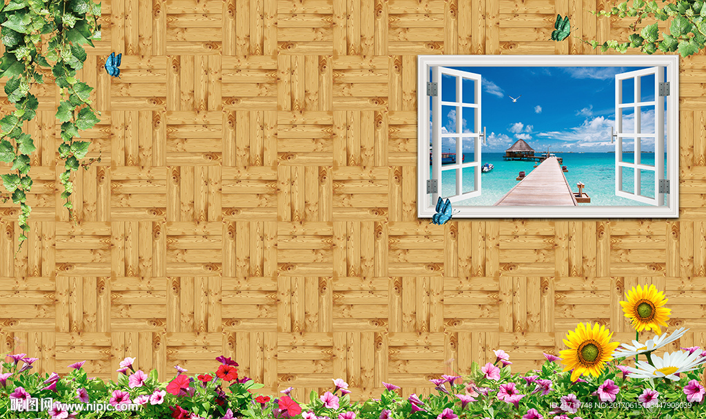 清新花卉海边风景木纹电视背景墙