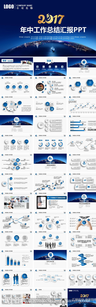 蓝色大气商务年中总结ppt模板