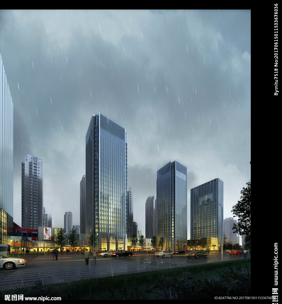 CBD商务中心区雨景建筑效果图