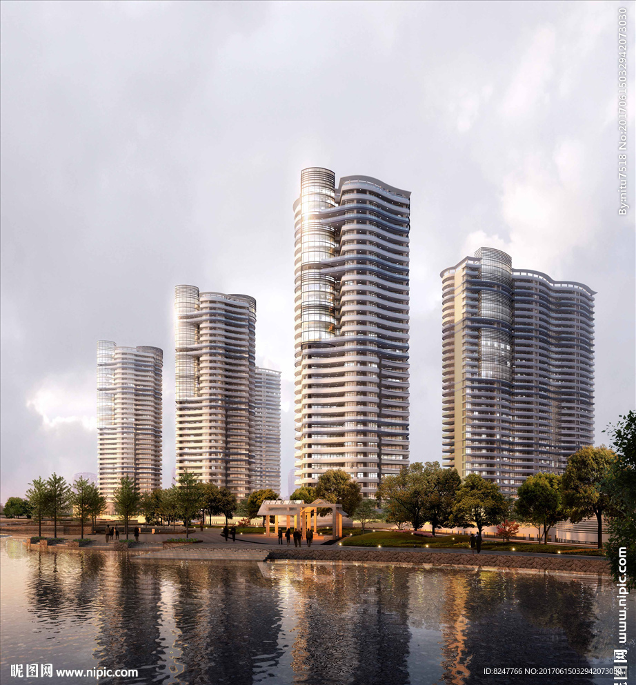 高层圆盘建筑住宅区景观效果图