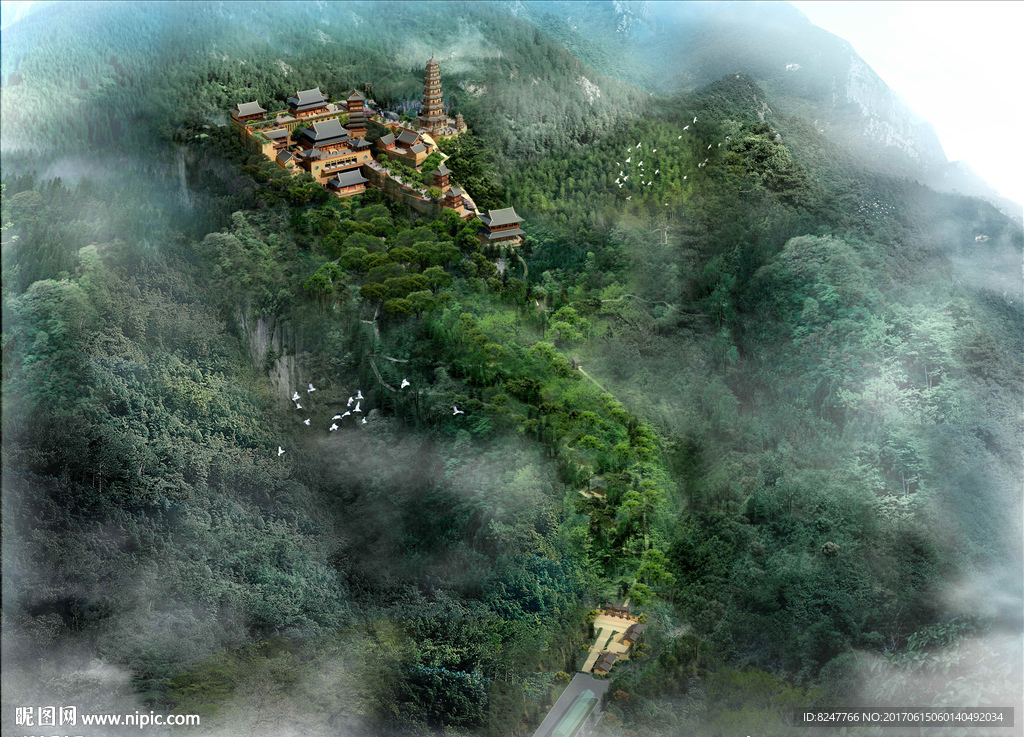 鸟瞰深山建筑景观效果图