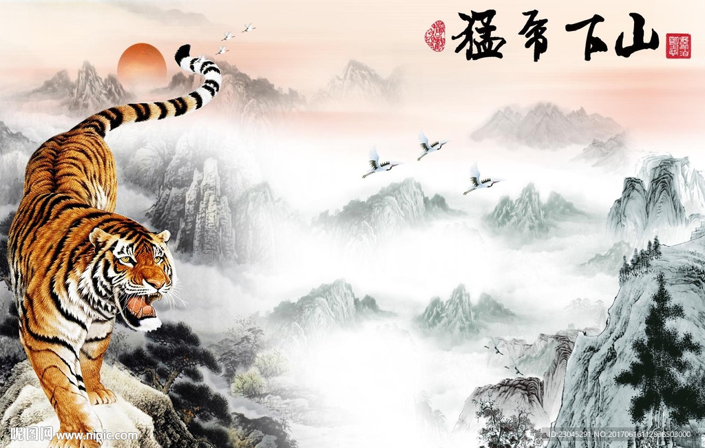 猛虎下山彩雕电视背景墙