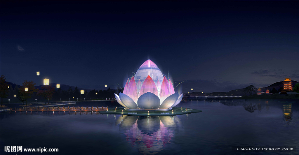 莲花五星级酒店夜景建筑效果图