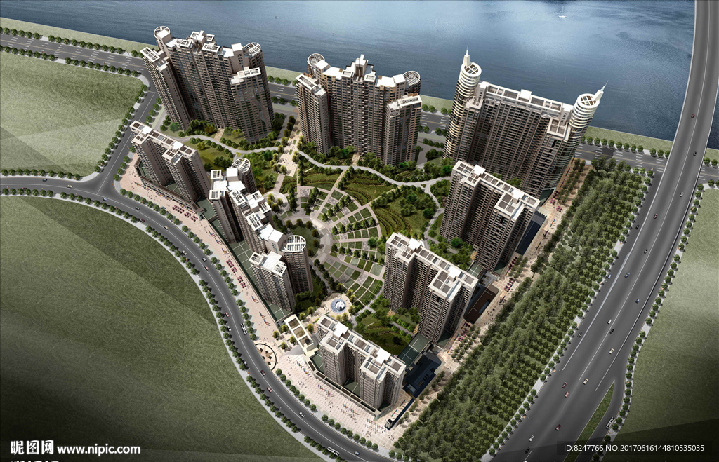 海边冰河住宅区鸟瞰建筑效果图