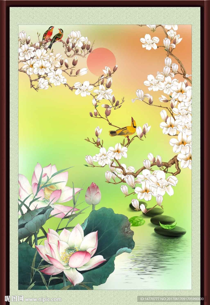 花鸟荷花图