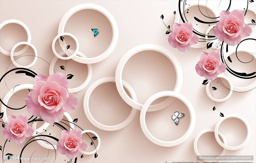 3D圆圈粉色玫瑰花背景墙