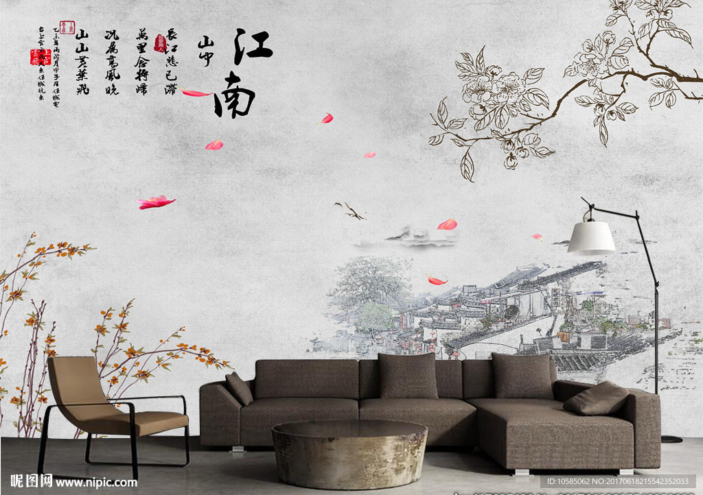 江南水乡 中式山水画背景墙