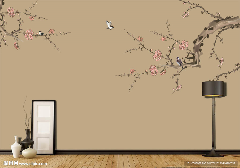 中式手绘工笔花鸟梅花背景墙