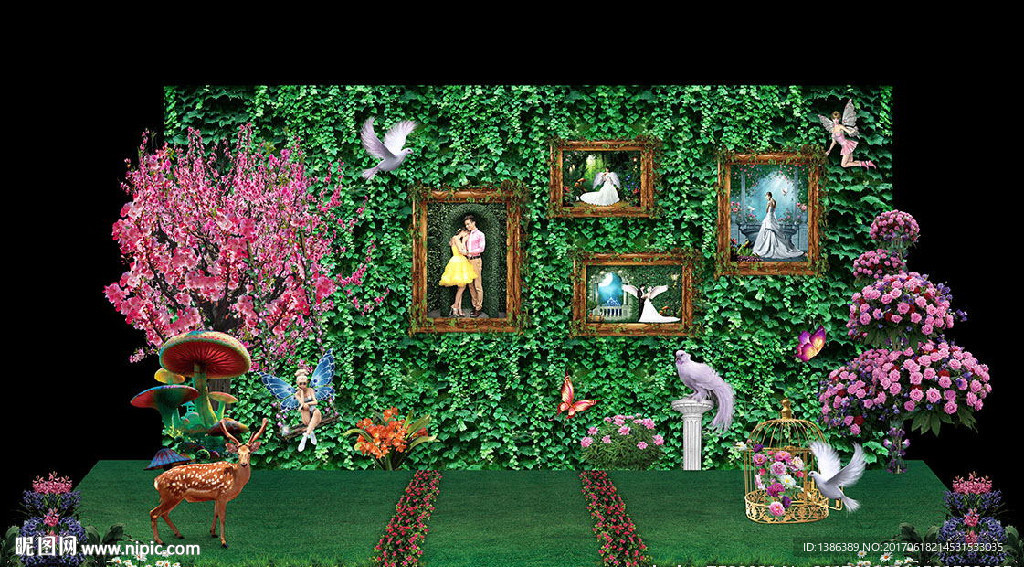 梦幻婚礼森林系照片墙签到处背景设计图