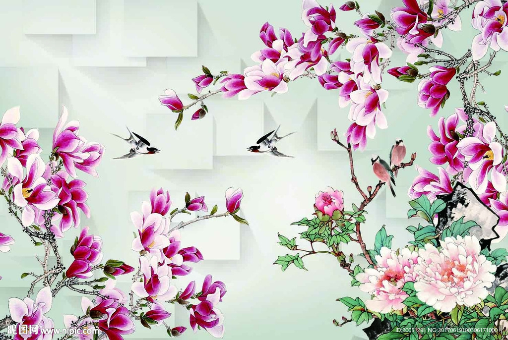 电视背景墙花鸟牡丹