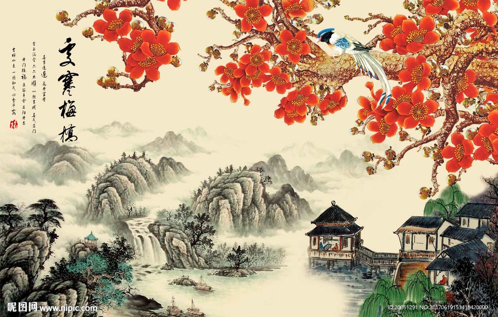 国画花鸟背景墙