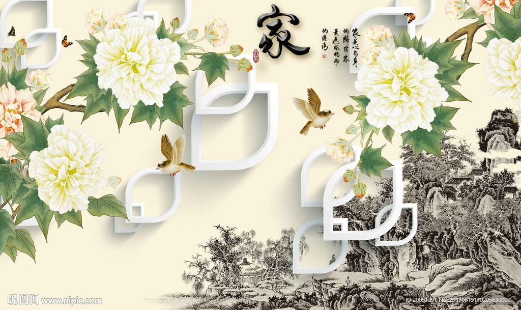 国画花鸟背景墙