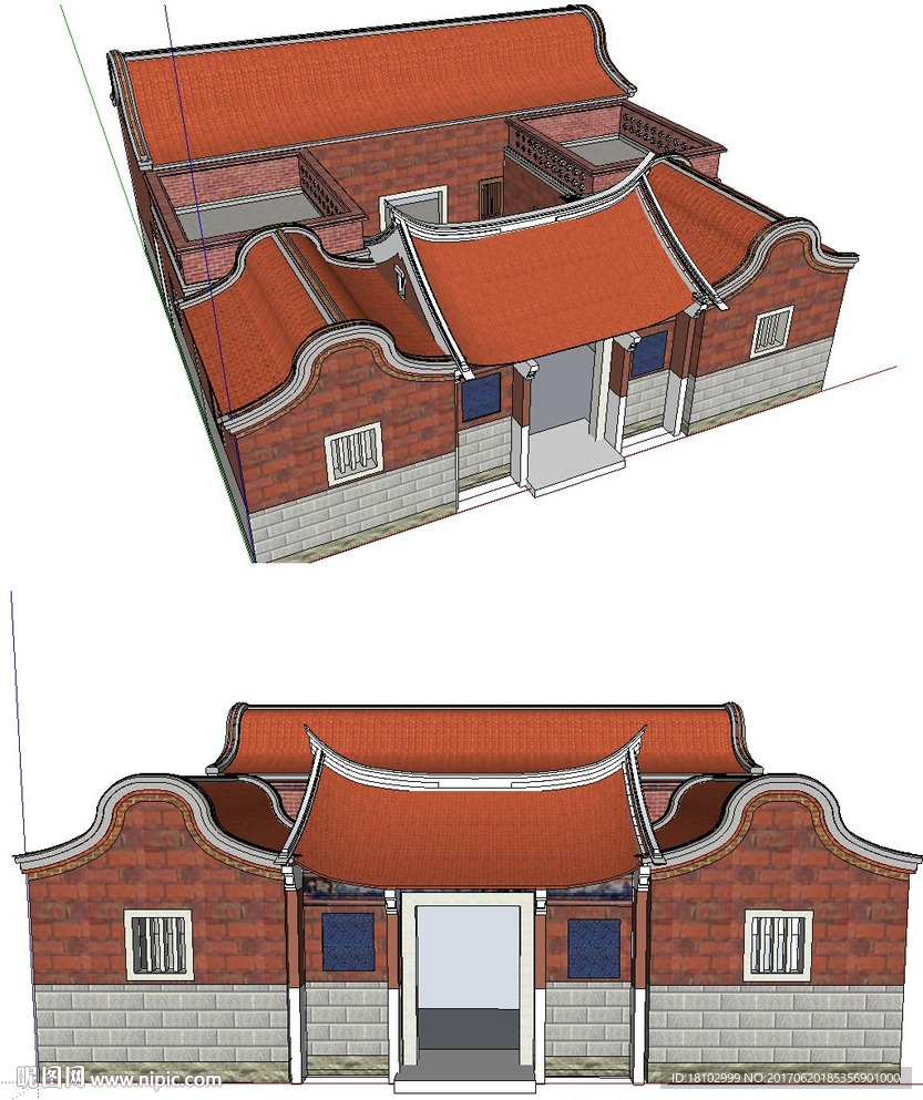 闽南三盖廊建筑草图大师SU模型