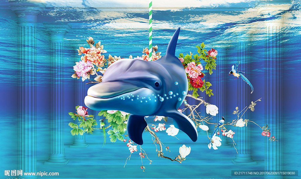 3D罗马柱海豚花卉电视背景墙