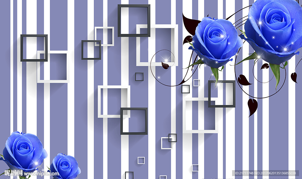 现代蓝色玫瑰简约框框电视背景墙