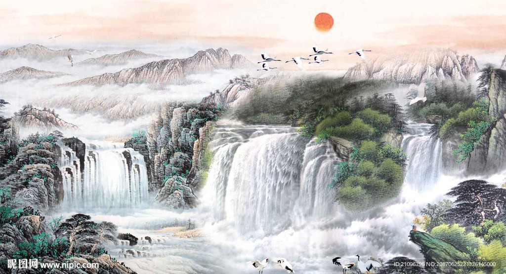 山水国画电视背景墙