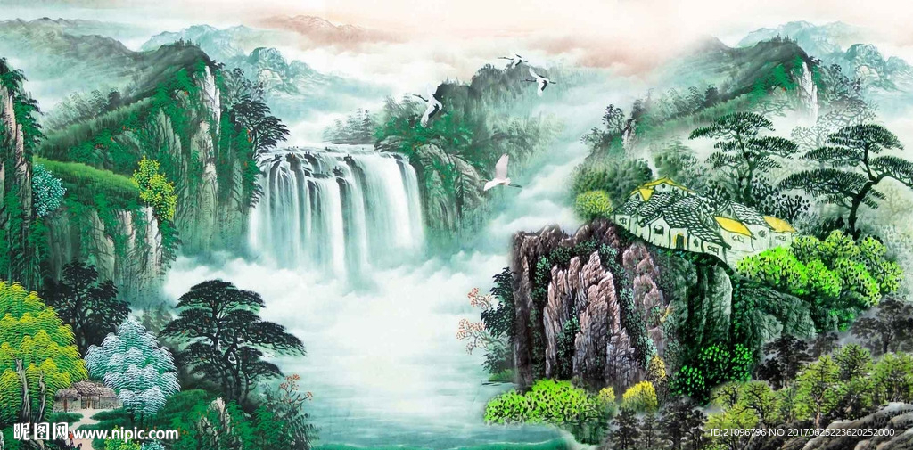 山水国画电视背景墙