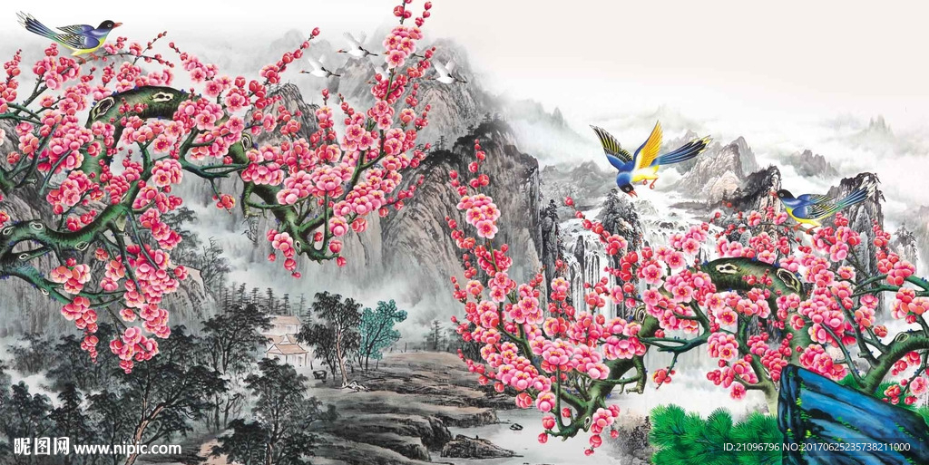 国画梅花背景墙