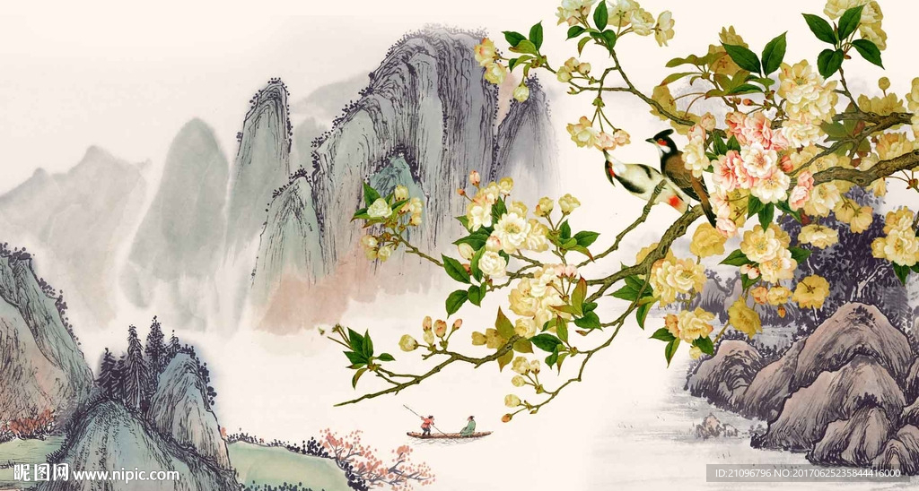 国画花鸟背景墙
