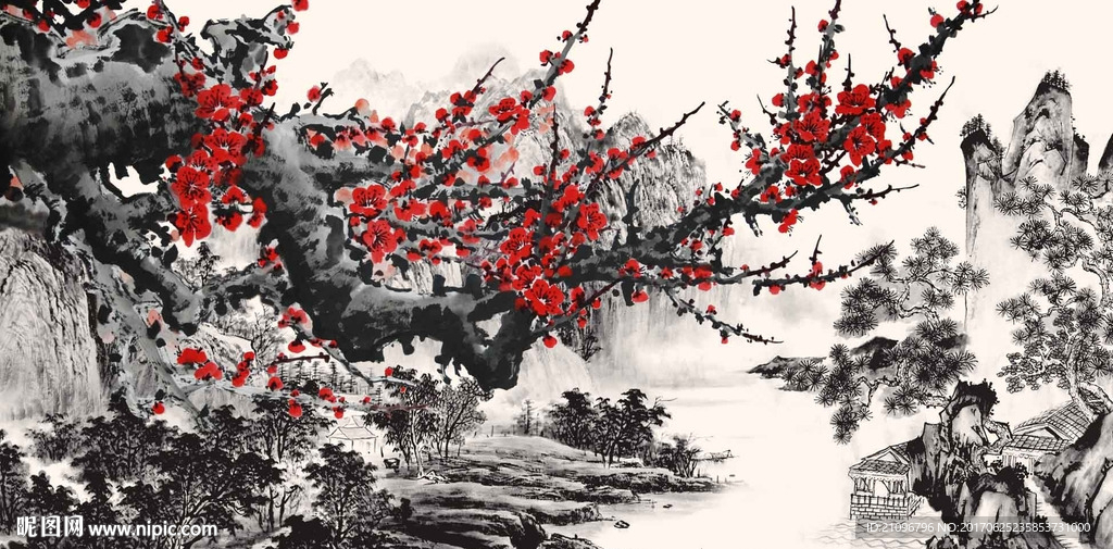 国画梅花背景墙
