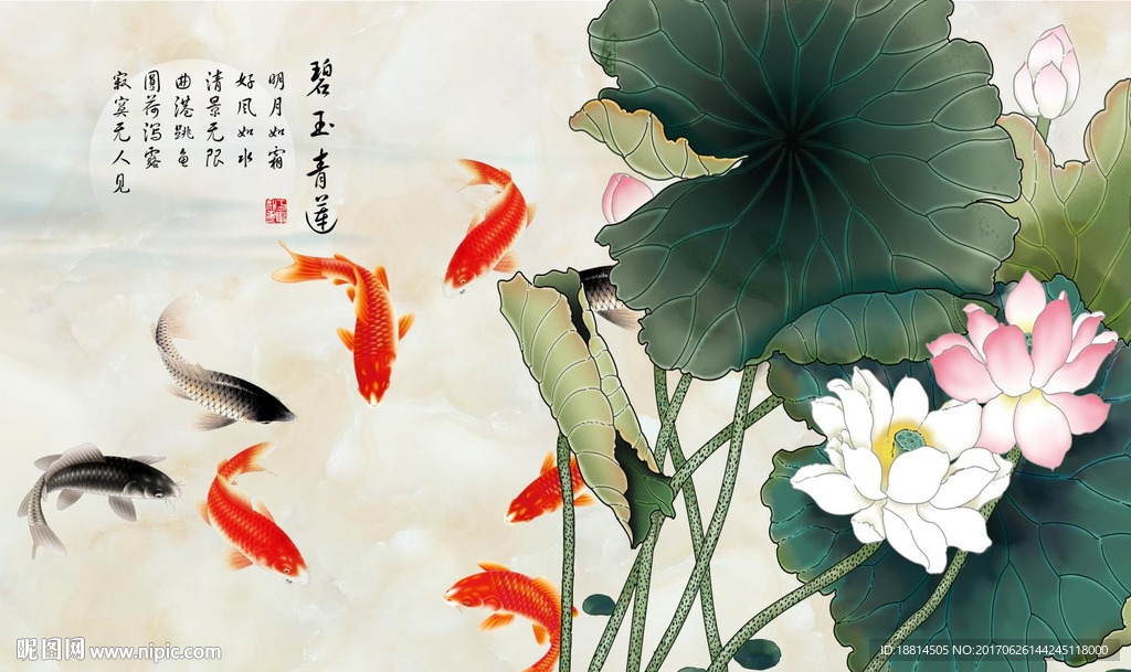 荷风送香锦鲤背景墙