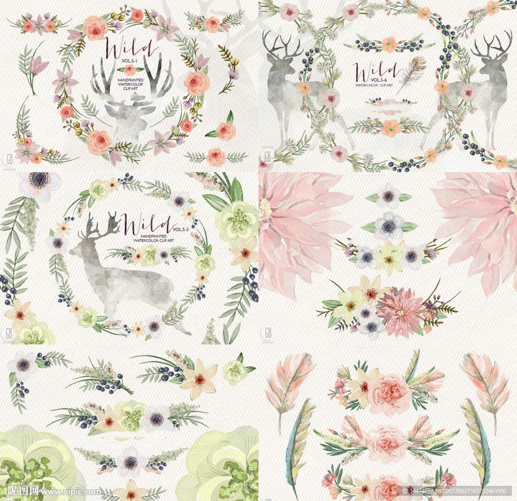 水彩鹿头剪影手绘花朵花纹