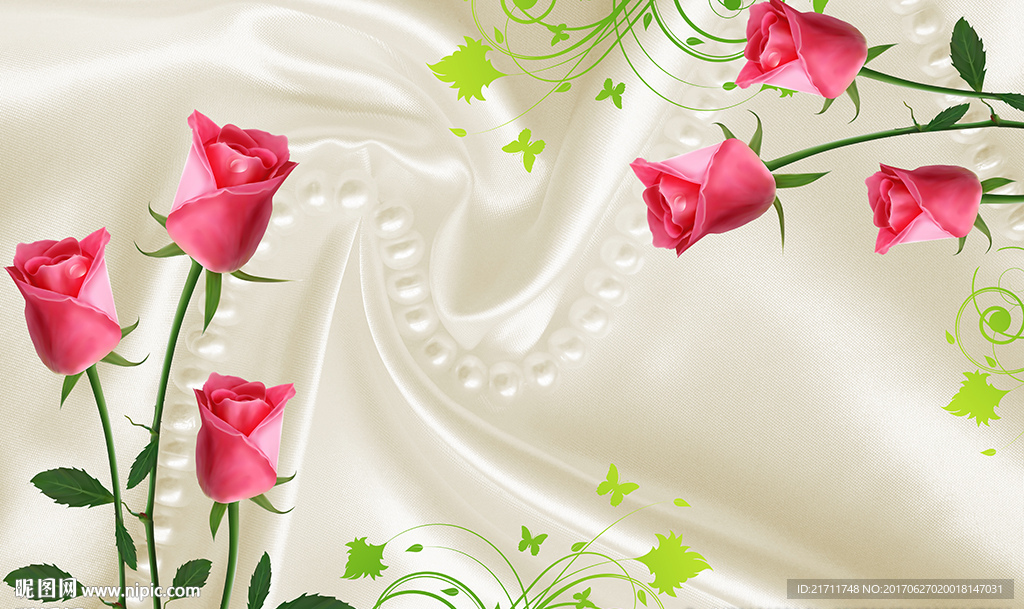 现代红色玫瑰白色纱布电视背景墙