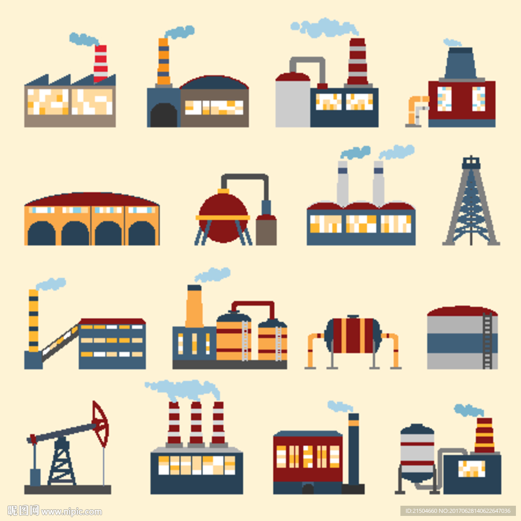 精致矢量彩色工厂图标插画