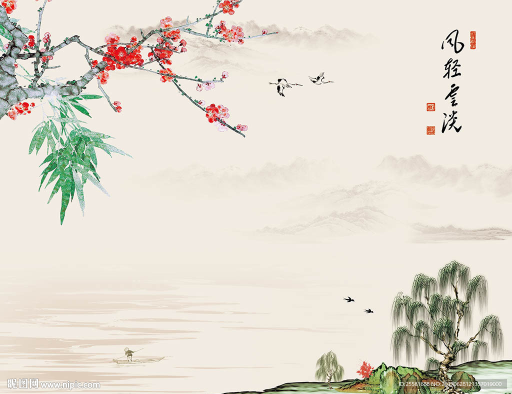 风轻云淡红梅山水画电视背景墙