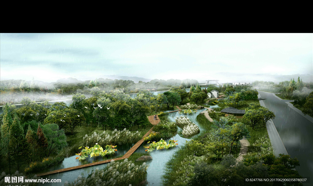雨景湿地公园鸟瞰建筑效果图