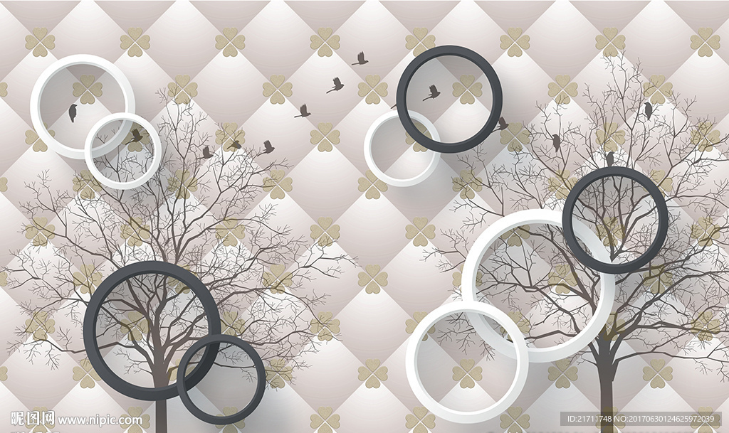 简约小树圈圈白色软包电视背景墙