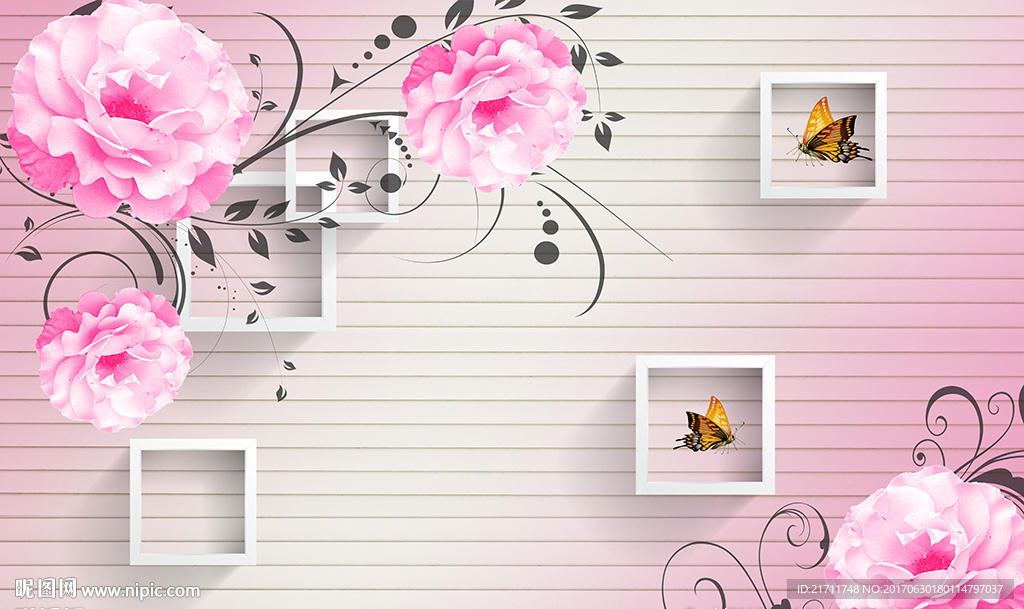 粉红玫瑰花藤简约框框横条背景墙