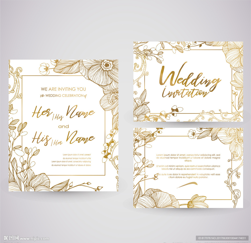 金色唯美手绘婚礼请帖贵宾卡