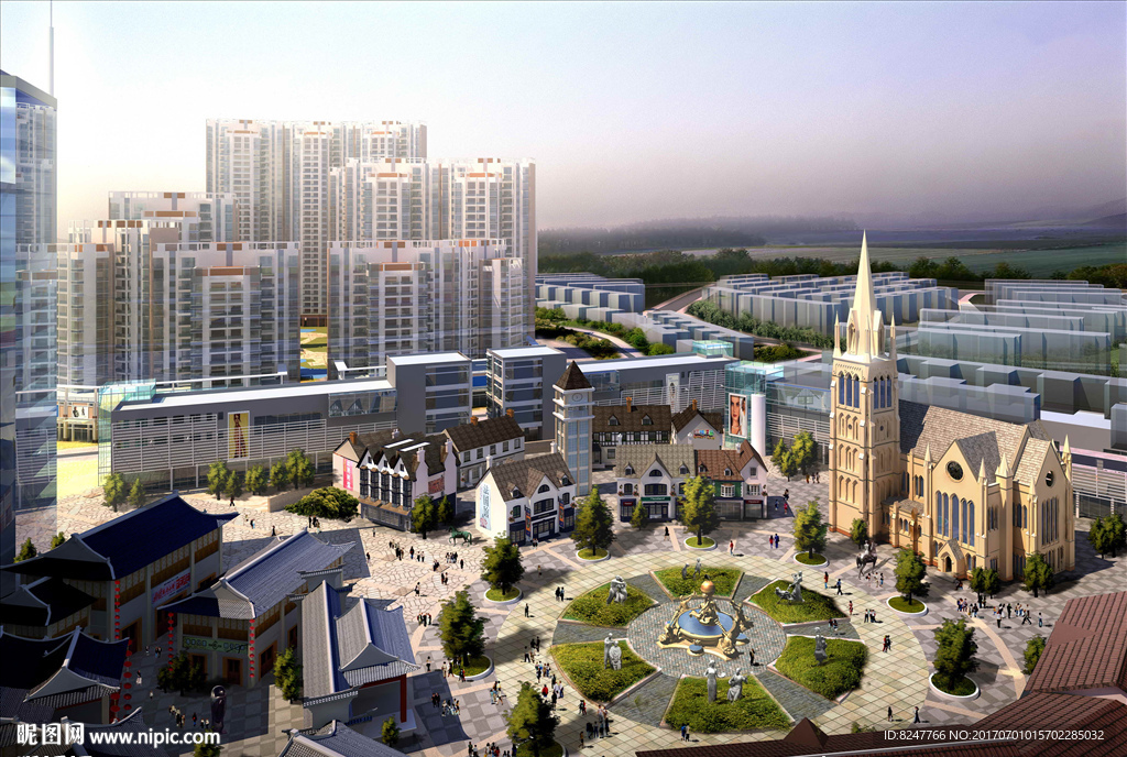 市中心欧商业不步行街建筑效果图