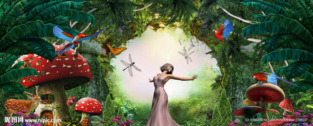 梦幻森林蜻蜓美女写真背景
