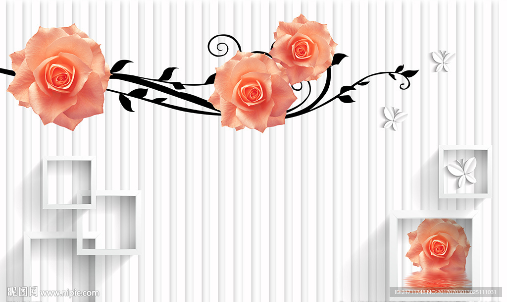 红色玫瑰简约框框蝴蝶电视背景墙