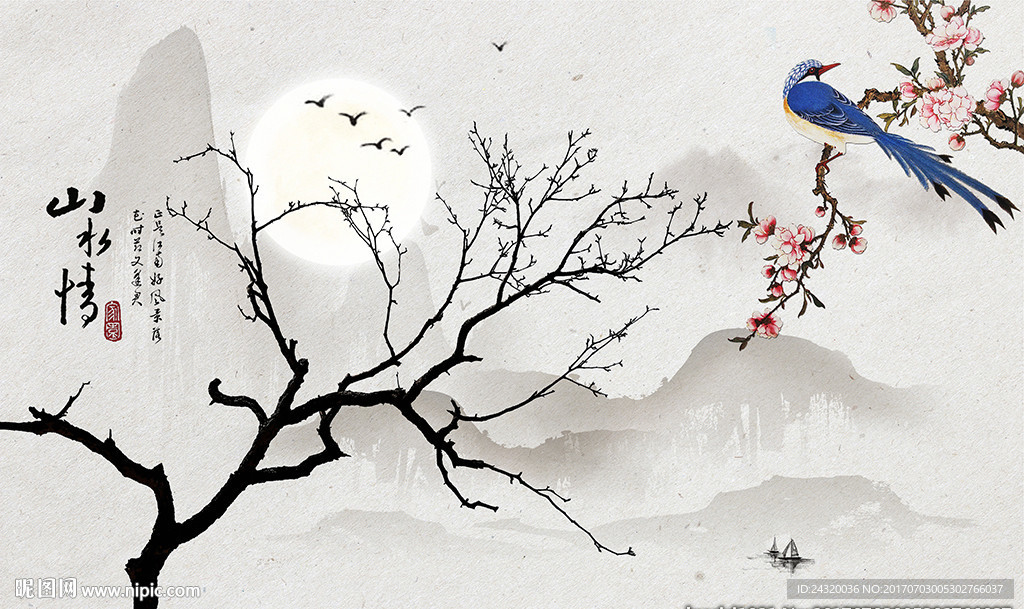 手绘山水花鸟装饰画