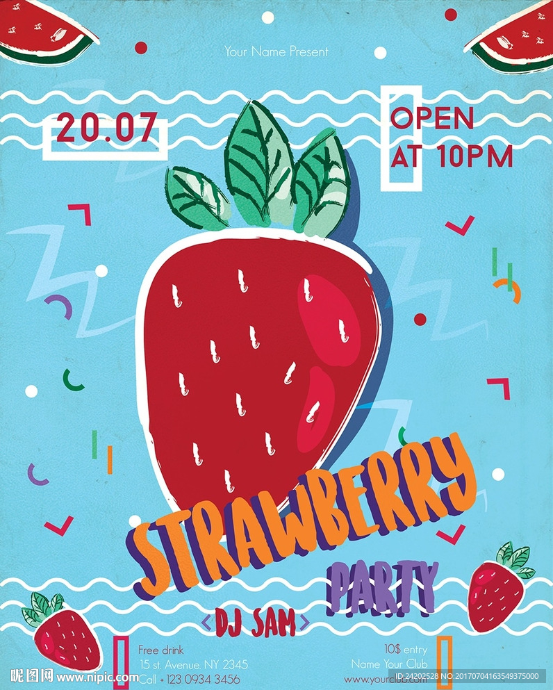 手绘草莓卡通水果甜品促销海报