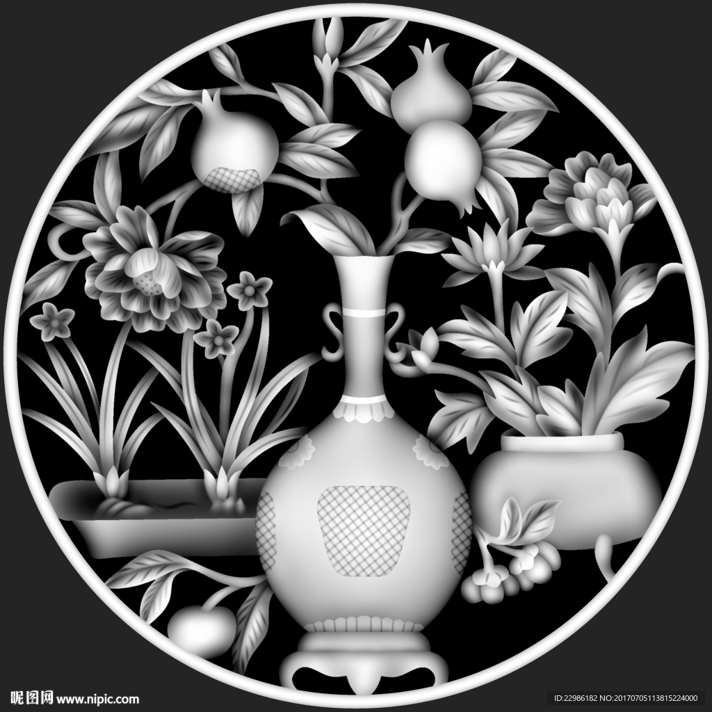 花瓶葫芦水仙镂空圆盘精雕灰度图