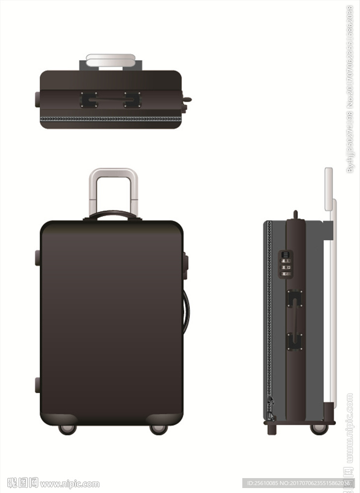逼真旅行箱矢量图三视图