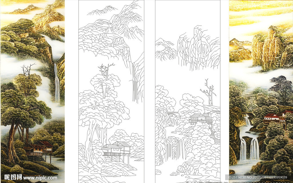 山水画艺术玻璃矢量图 雕刻图