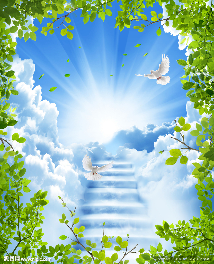 3D立体蓝天白云阶梯绿叶吊顶