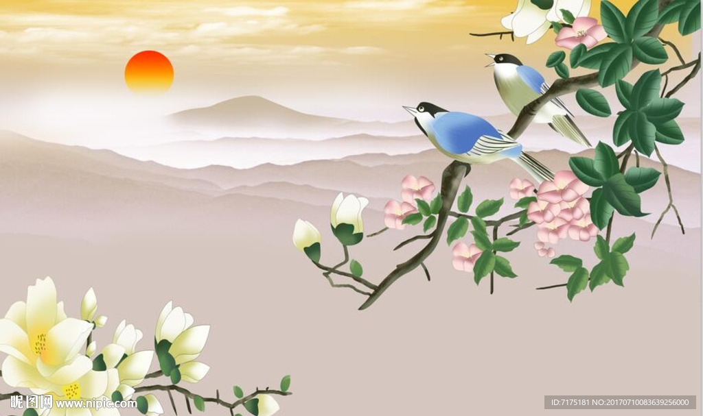手绘玉兰花鸟图