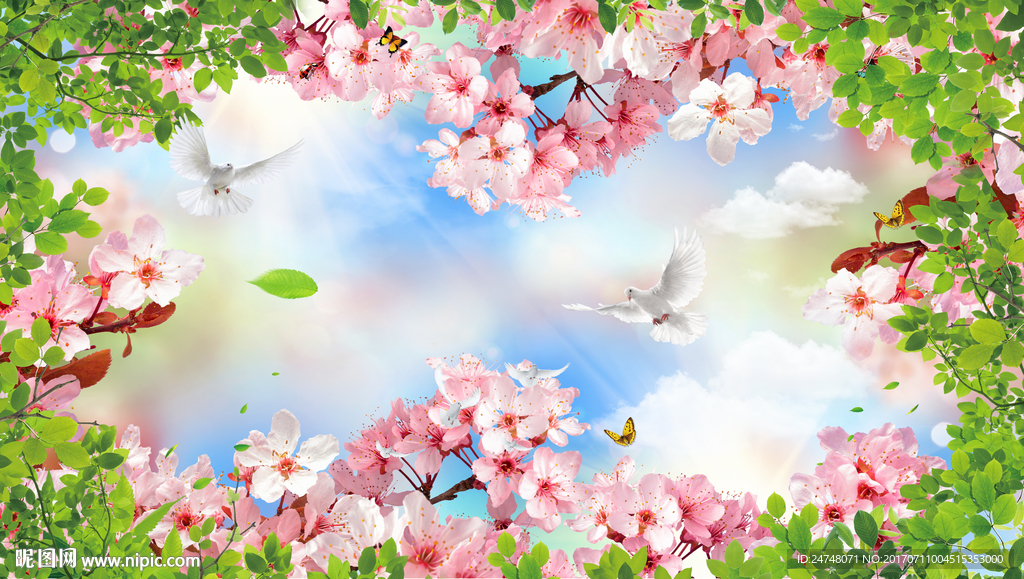 3D立体绿叶桃花唯美吊顶