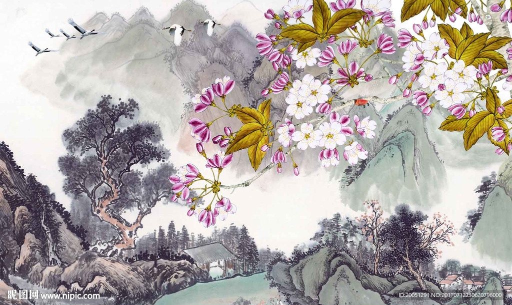 国画花鸟背景墙