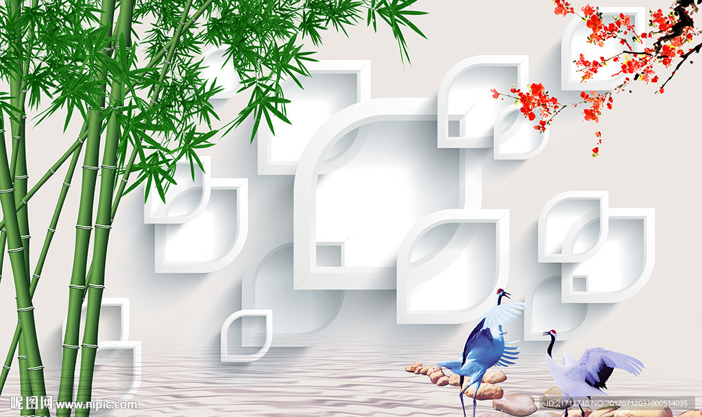 中式竹子梅花仙鹤电视背景墙