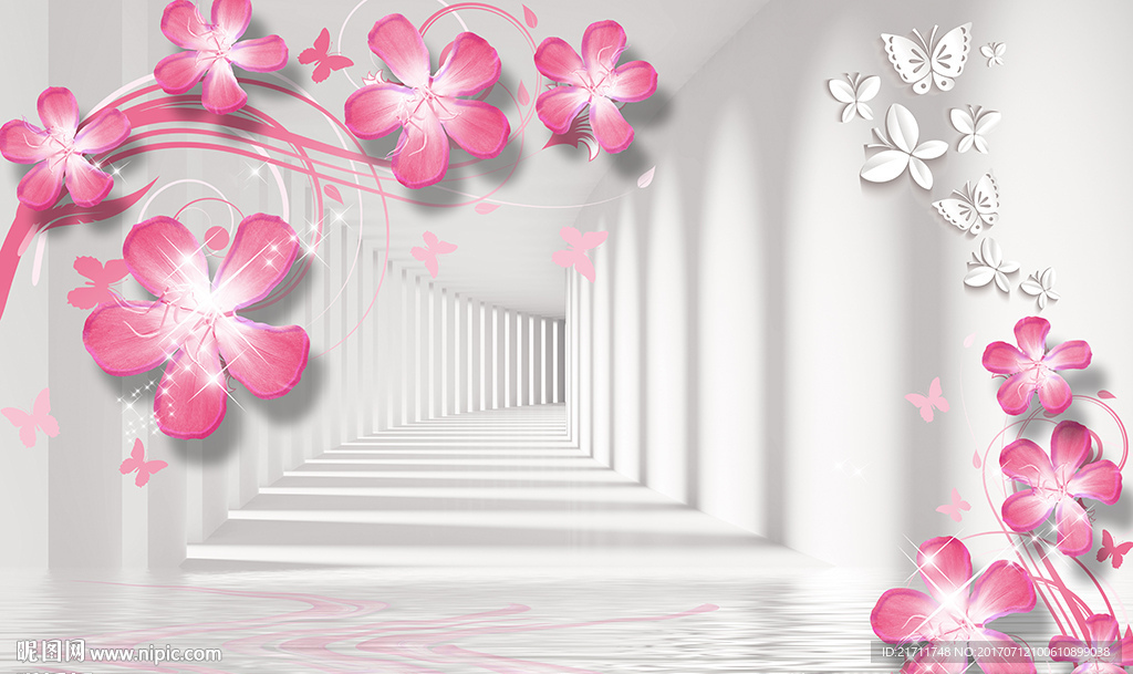 梦幻紫色花卉蝴蝶3D空间背景墙