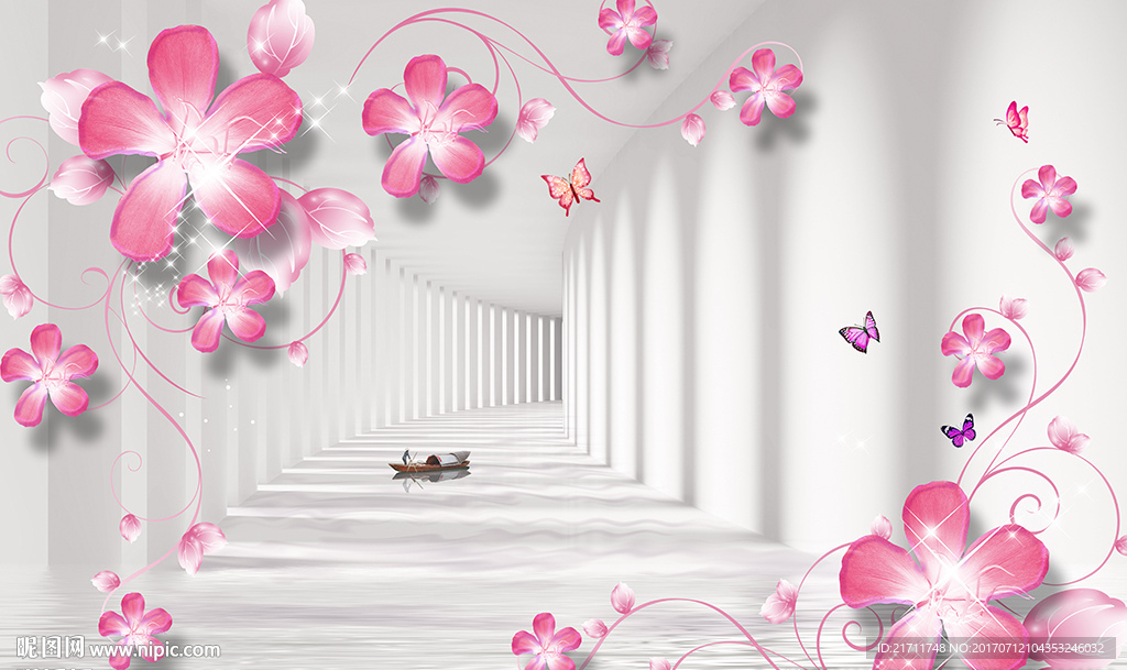 梦幻花卉蝴蝶3D空间电视背景墙