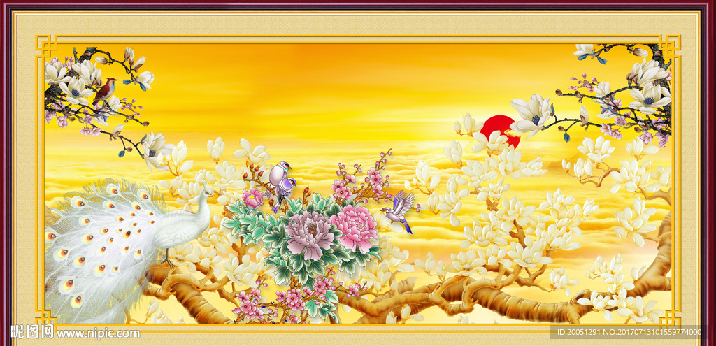 国画玉兰花孔雀